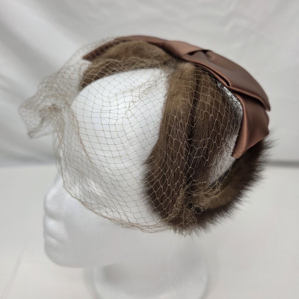 Vintage 1950s Fur Trim Satin Bow Birdcage Veil Hat Fascinator Brown Mink Style